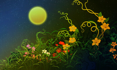 Obraz na płótnie Canvas Night sky and yellow flowers in the field