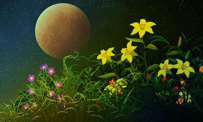 Night sky full moon and lilies in a field of flowers and bushes
