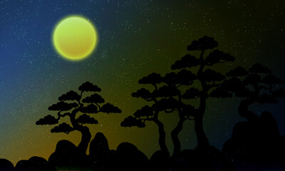 Pine tree and full moon oriental style silhouette