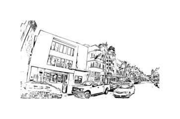 Building view with landmark of Miami is the 
city in Florida. Hand drawn sketch illustration in vector.