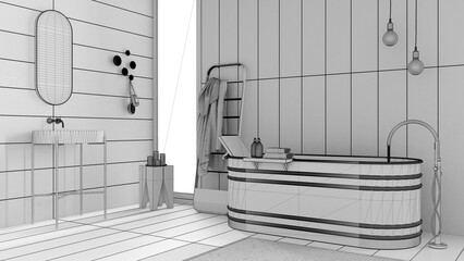 Unfinished project draft, modern soothing bathroom with wooden walls and floor, freestanding bathtub, ceramic washbasin, towel rack, pendant lamp, carpet, cozy vintage interior design