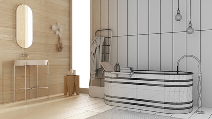 Architect interior designer concept: hand-drawn draft unfinished project that becomes real, bathroom with wooden walls and floor, bathtub, washbasin, towel rack, pendant lamp, carpet
