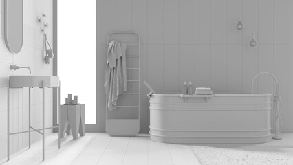 Naklejka na ściany i meble Total white project draft, contemporary bathroom with wooden walls and floor in dark tones, spa, bathtub, washbasin, towel rack, carpet and decor, minimal vintage interior design idea