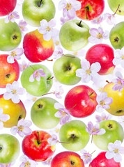 Colorful apples with leaves isolated on white background. Beautiful background with apples. organic products