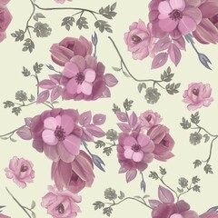 Seamless watercolor floral pattern - pink roses and branches composition on pastel green background, perfect for wrappers, wallpapers, postcards, greeting cards, wedding invitations, romantic events.