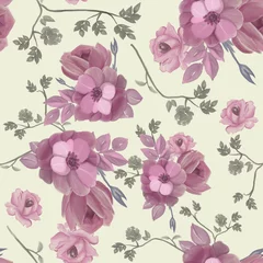 Behang Seamless watercolor floral pattern - pink roses and branches composition on pastel green background, perfect for wrappers, wallpapers, postcards, greeting cards, wedding invitations, romantic events. © Uqierese