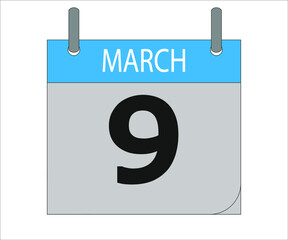 March 9th. Calendar icon. Date day of the month Sunday, Monday, Tuesday, Wednesday, Thursday, Friday, Saturday and Holidays