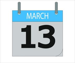 March 13th. Calendar icon. Date day of the month Sunday, Monday, Tuesday, Wednesday, Thursday, Friday, Saturday and Holidays
