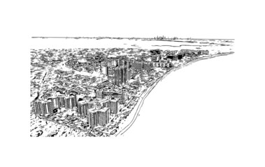 Building view with landmark of Miami is the 
city in Florida. Hand drawn sketch illustration in vector.