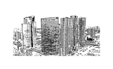 Building view with landmark of Miami is the 
city in Florida. Hand drawn sketch illustration in vector.