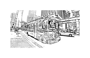 Building view with landmark of Miami is the 
city in Florida. Hand drawn sketch illustration in vector.