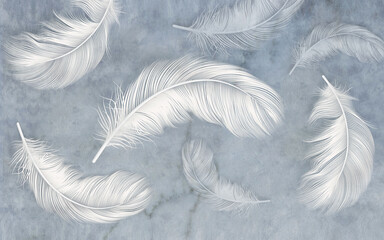 A weightless composition with delicate feathers on a marble background. 3D wallpaper with light feathers.  Hand-drawn 3D illustration. Cement background with beautiful feathers wallpaper