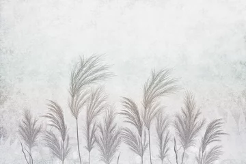 Foto op Canvas Spikes of reeds against a concrete wall. Illustration with boho style flora. Pampas grass outdoors in light pastel colors. Dry reeds. Hand-drawn 3D illustration. © Nika2075
