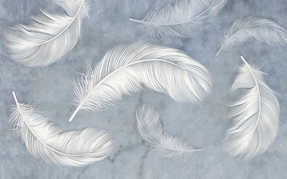 A weightless composition with delicate feathers on a marble background. 3D wallpaper with light feathers. Hand-drawn 3D illustration. Cement background with beautiful feathers wallpaper © Nika2075