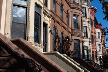 Row of Colorful Old Brownstone Homes in Prospect Heights Brooklyn