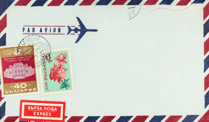 luftpost airmail briefumschlag envelope briefmarke stamp vintage retro alt old rose blume flugzeug plane express papier paper - obrazy, fototapety, plakaty