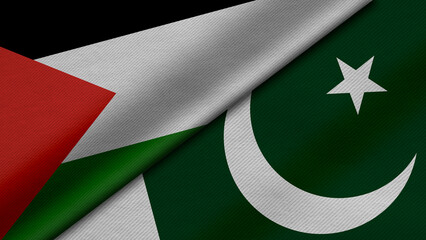 3D Rendering of two flags from State of Palestine and Republic of pakistan together with fabric texture, bilateral relations, peace and conflict between countries, great for background - obrazy, fototapety, plakaty