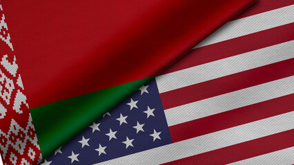 3D Rendering of two flags from Republic of Belarus and United States of America together with fabric texture, bilateral relations, peace and conflict between countries, great for background