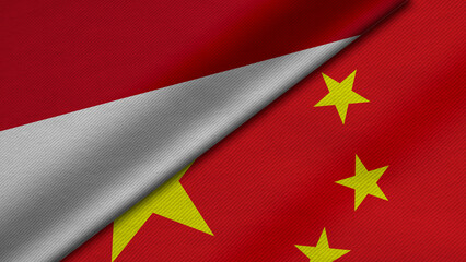 3D Rendering of two flags from Republic of Indonesia and China together with fabric texture, bilateral relations, peace and conflict between countries, great for background
