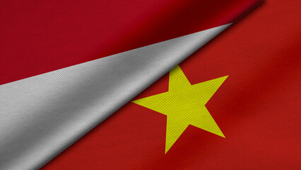 3D Rendering of two flags from Republic of Indonesia and Socialist Republic of Vietnam together with fabric texture, bilateral relations, peace and conflict between countries, great for background
