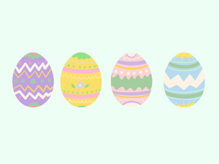 Fototapeta na wymiar huevos de pascua con diferentes motivos dibujados y fondo de color pastel