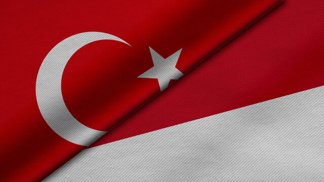 3D Rendering of two flags from Republic of Turkey and Republic of Indonesia and together with fabric texture, bilateral relations, peace and conflict between countries, great for background