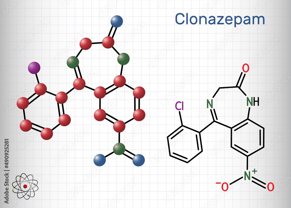 Poster clonazepam molecule. it is benzodiazepine, anticonvulsant, used to treat panic disorders, severe anx