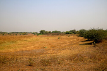 Obraz premium Landscape view of dry agriculture land during summer in India