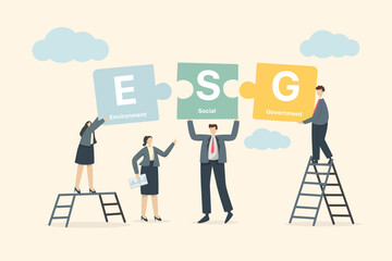 The ESG concept businessmen try to combine on a jigsaw. Environmental, Social and Governance in Sustainable and Ethical Business on Network Green Background