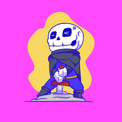 cute skeleton pulling a sword on rock cartoon illustration