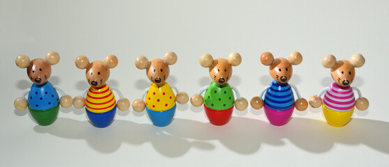 Mouse Skittles set  of six in a row  against plain background