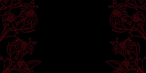 Vector illustration. Festive floral background in red colors, copy space for text. Frame of red narcissus flowers. Rustic style hand drawn horizontal template.