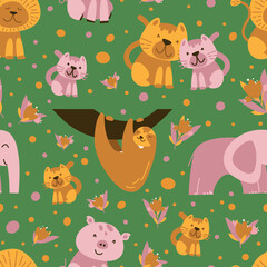 Cute pattern with different animals. Illustration in flat style