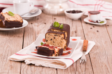 Sponge cake with chocolate frosting.
