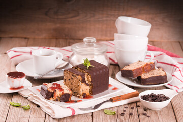 Sponge cake with chocolate frosting.