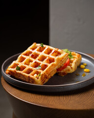 Belgian cheese waffles with guacamole, tomato and syrup