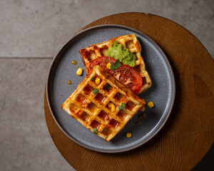 Belgian cheese waffles with guacamole, tomato and syrup