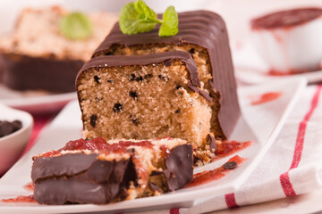 Sponge cake with chocolate frosting.