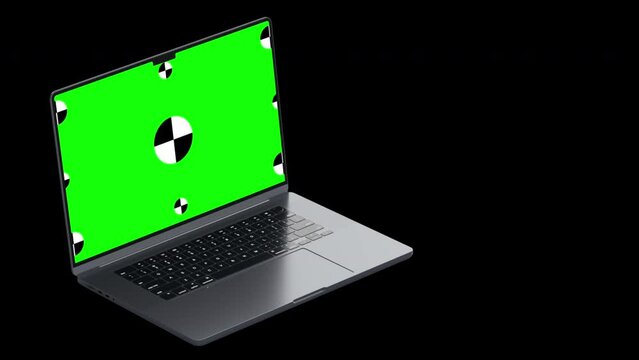 Gray laptop on a black background. Green screen with marks for tracking digital devices is included for easy. 3D rendering.