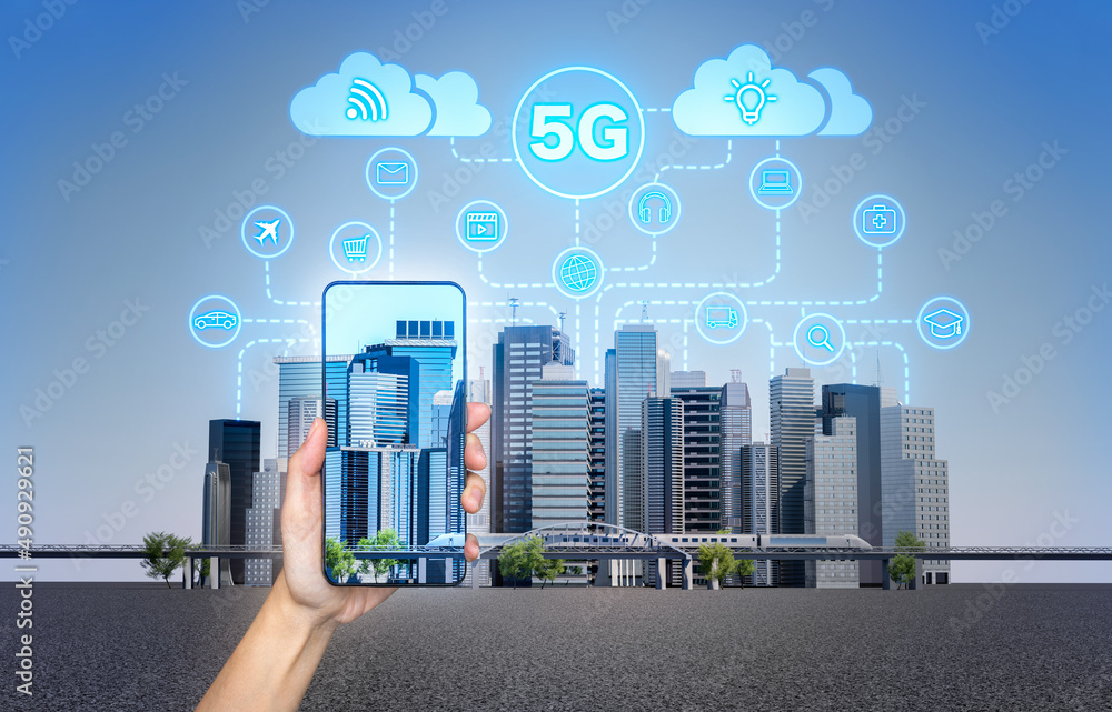Aufkleber hand holding smart phone with 5g network wireless systems, global network high speed innovation conn