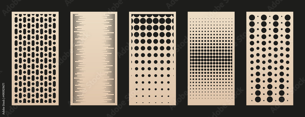 Poster laser cut panel set. collection of abstract geometric patterns with circles, halftone dots, grid, gr