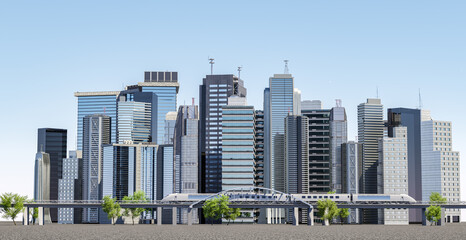 Concept of smart city. Modern city with skyscrapers and railway. 3d rendering