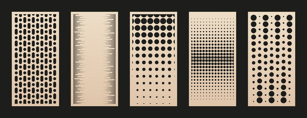 Laser cut panel set. Collection of abstract geometric patterns with circles, halftone dots, grid, gradient transition. Decorative stencil for laser cutting of wood, metal, paper. Aspect ratio 1:2