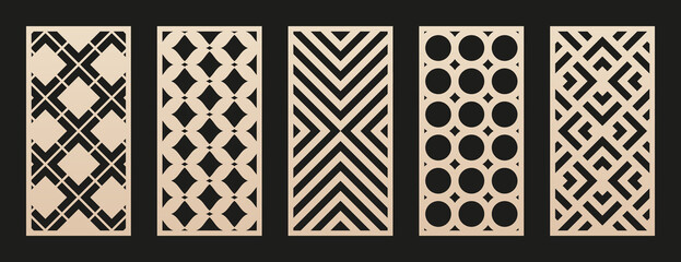 Laser cut patterns. Vector collection of cutting templates with abstract geometric ornament, squares, circles, lines, stripes, chevron, grid. Stencil for laser cut of wood, metal. Aspect ratio 1:2