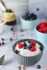 A bowl with Greek yogurt with berries	