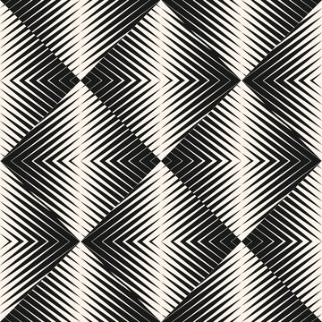 Halftone pattern. Vector seamless geometric background with black and white stripes. Geometric abstract texture with diagonal halftone lines in square tiles. Optical illusion effect, op art style
