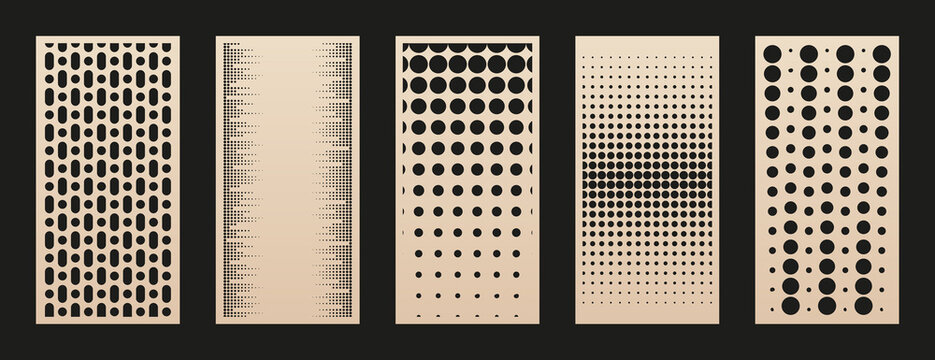 Laser cut panel set. Collection of abstract geometric patterns with circles, halftone dots, grid, gradient transition. Decorative stencil for laser cutting of wood, metal, paper. Aspect ratio 1:2