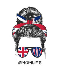 Women messy bun hairstyles wearing United Kingdom flag sunglasses vector line art illustration