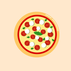Vegetarian pizza with crispy crust. Delicious fast food. Flat vector element for cafe or pizzeria menu. Top view of pizza. Tomatoes, mozzarella, basil, cheese
