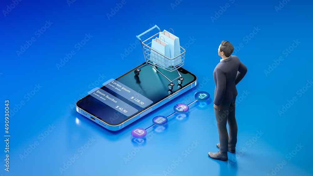 Poster man with shopping online application on smartphone, online mobile shopping and delivery for web page